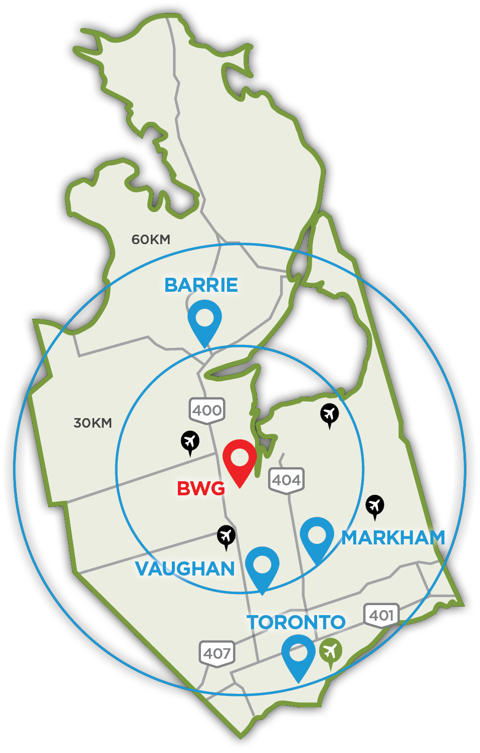 Illustrated map showing Bradford West Gwillimbury on Highway 400 north of Toronto.